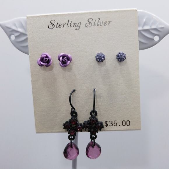 Sterling Silver Purple Earrings Set 3 Pairs Stud & Dangle New on Card - Picture 5 of 7